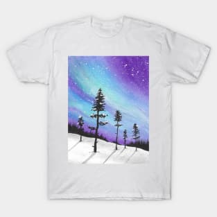 Dancing aurora on snowy landscape watercolor artwork T-Shirt